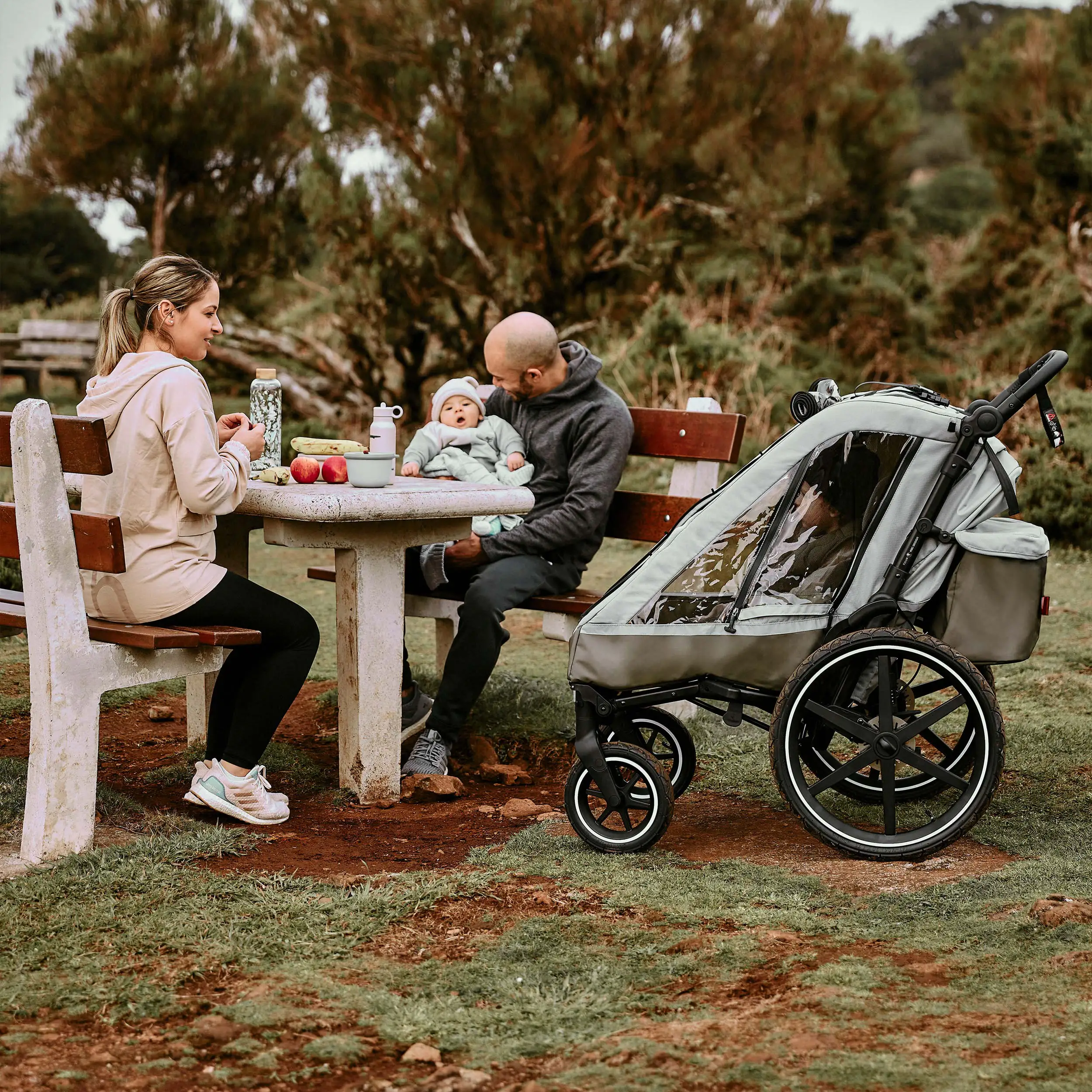 Rimorchio per biciclette Tour 2 con 2 comodi sedili e Ruote con camera d’aria - Olive