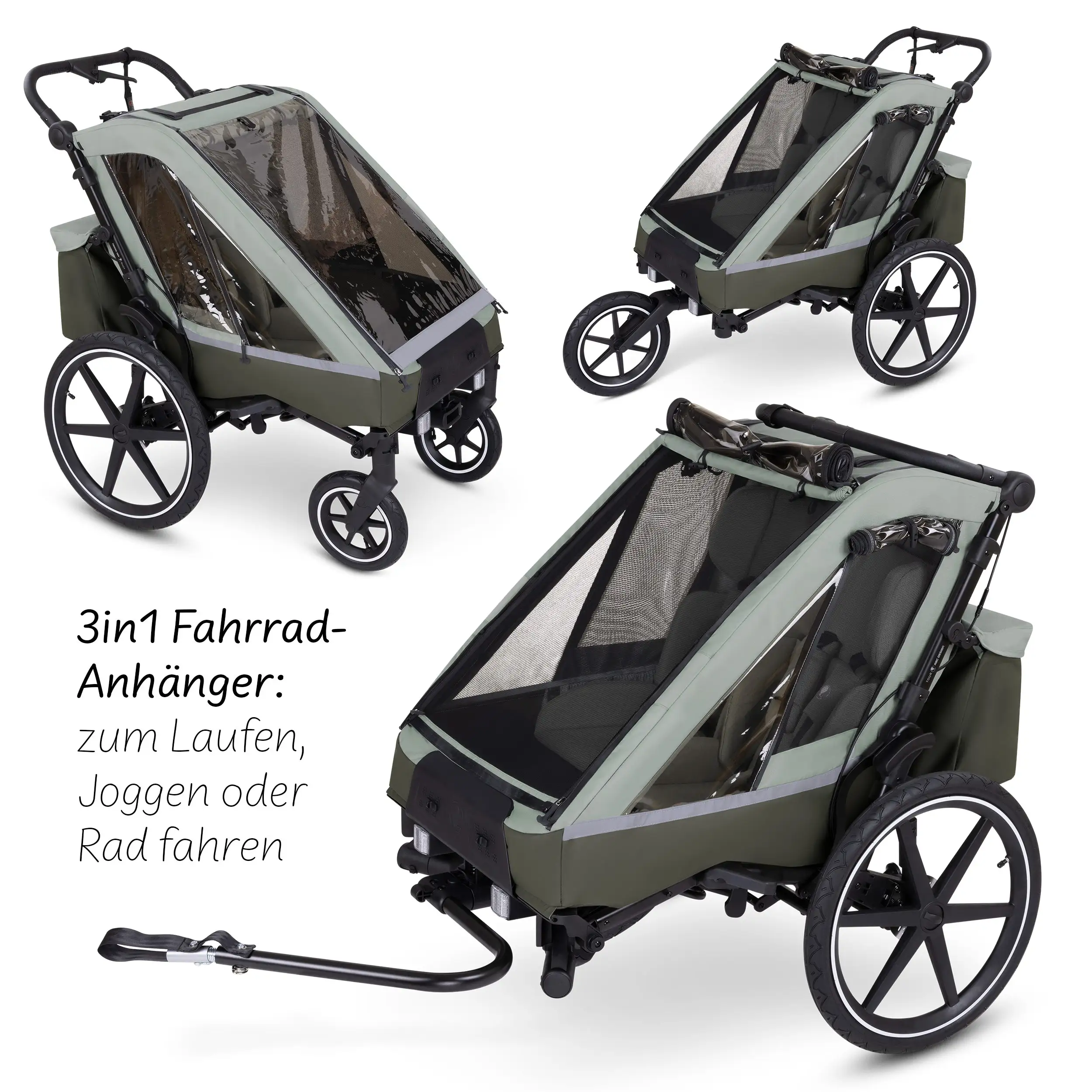 Rimorchio per biciclette Tour 2 con 2 comodi sedili e Ruote con camera d’aria - Olive