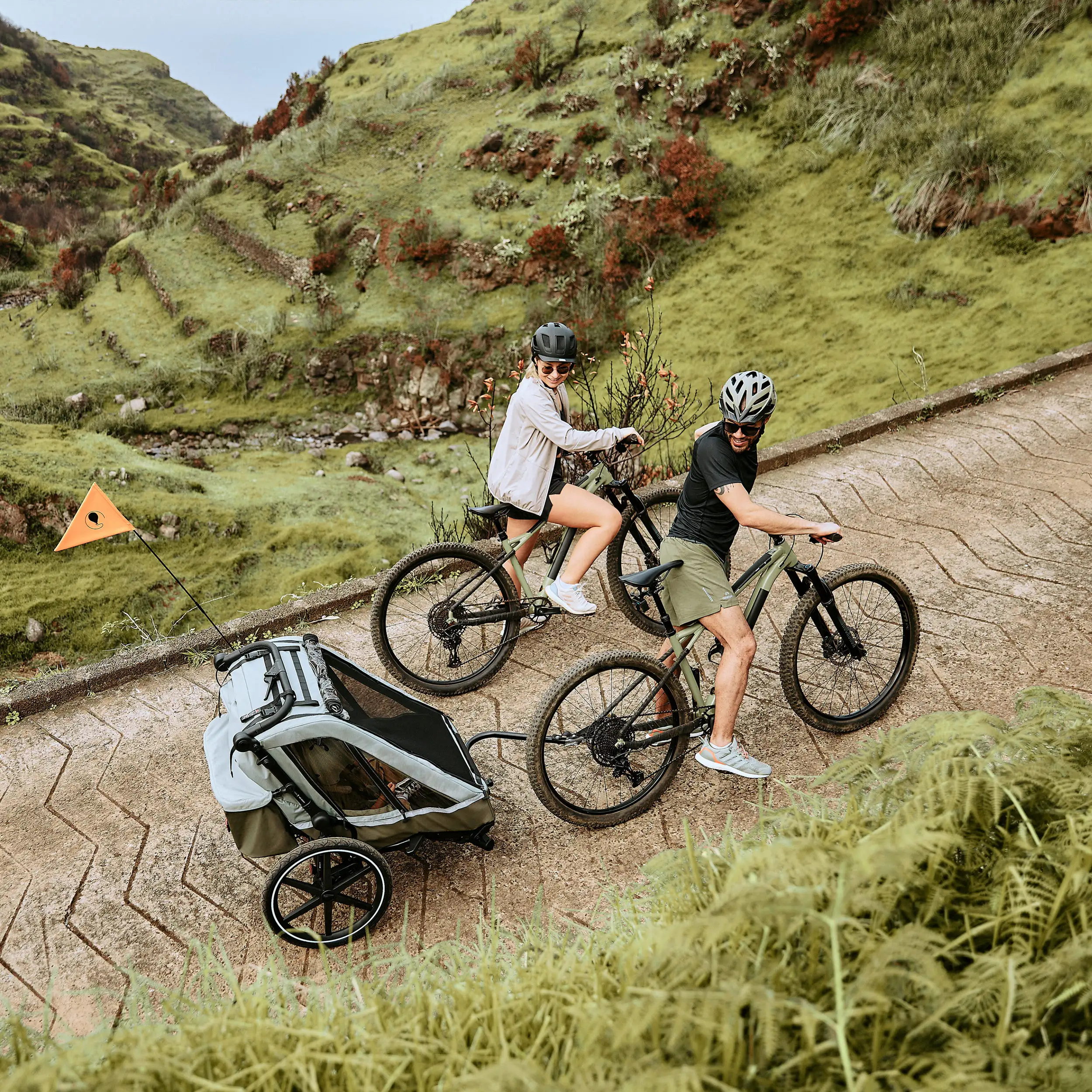 Rimorchio per biciclette Tour 2 con 2 comodi sedili e Ruote con camera d’aria - Olive