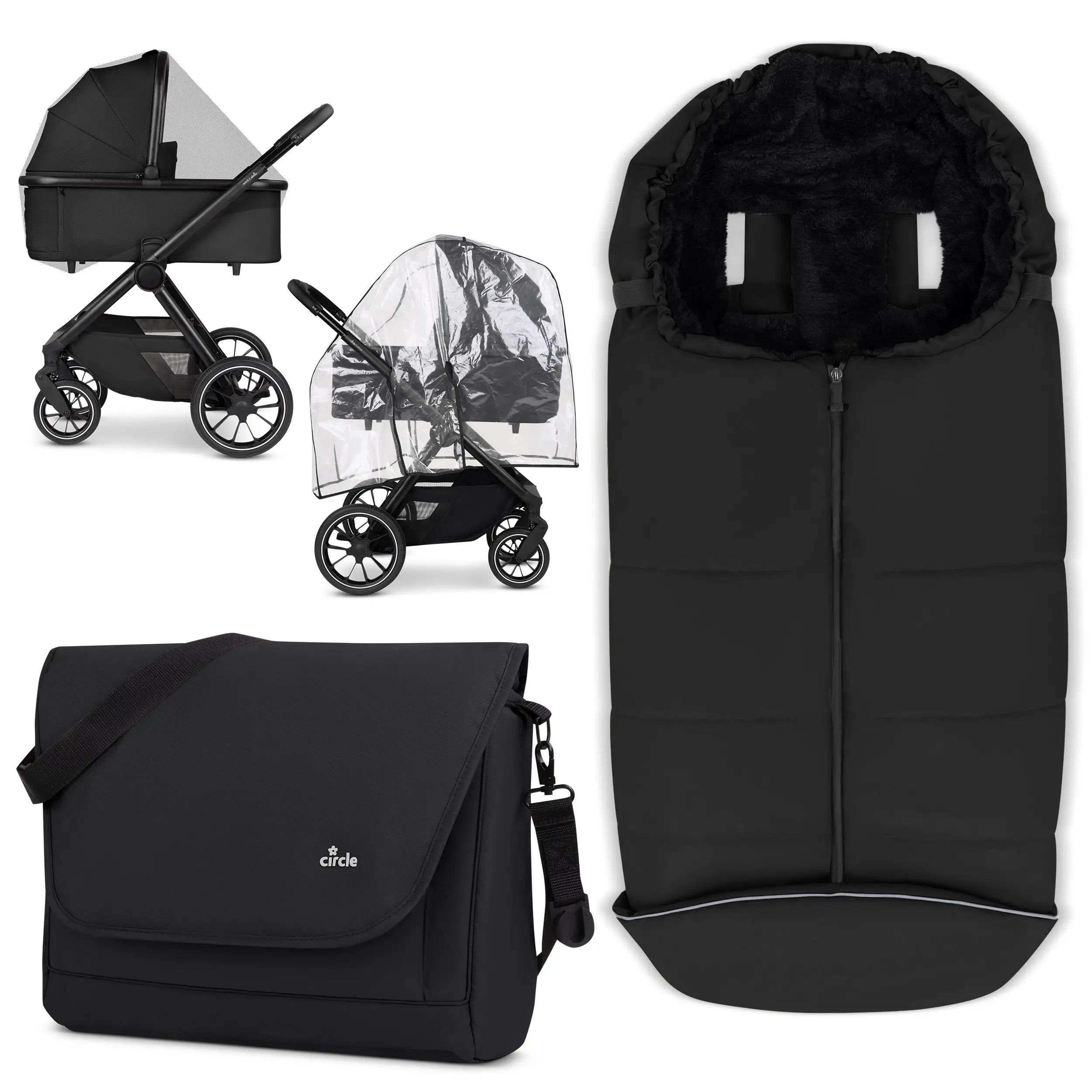 Set di accessori per passeggino - Borsa fasciatoio, coprigambe invernale, parapioggia e zanzariera - Black