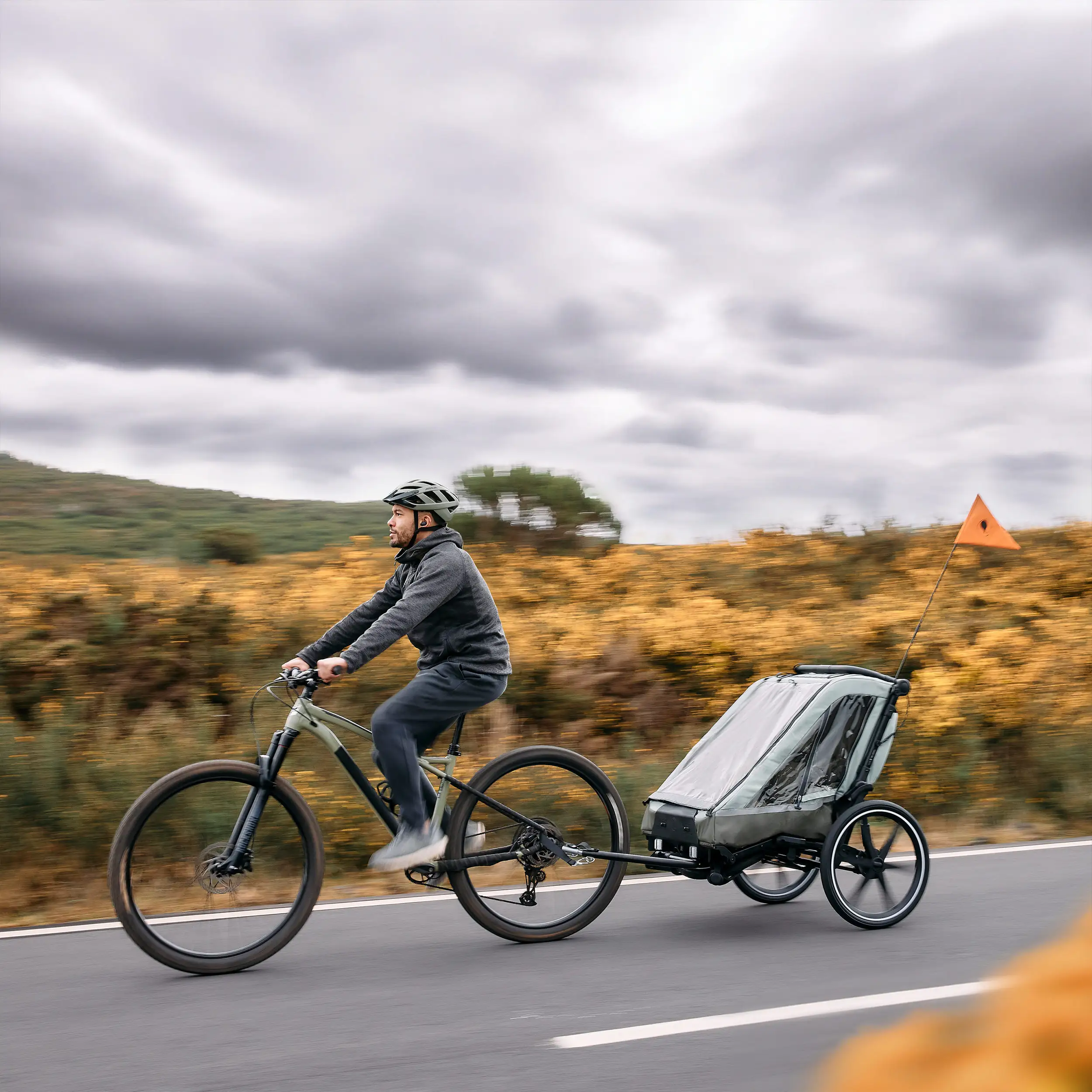 Rimorchio per biciclette Tour 2 con 2 comodi sedili e Ruote con camera d’aria - Olive