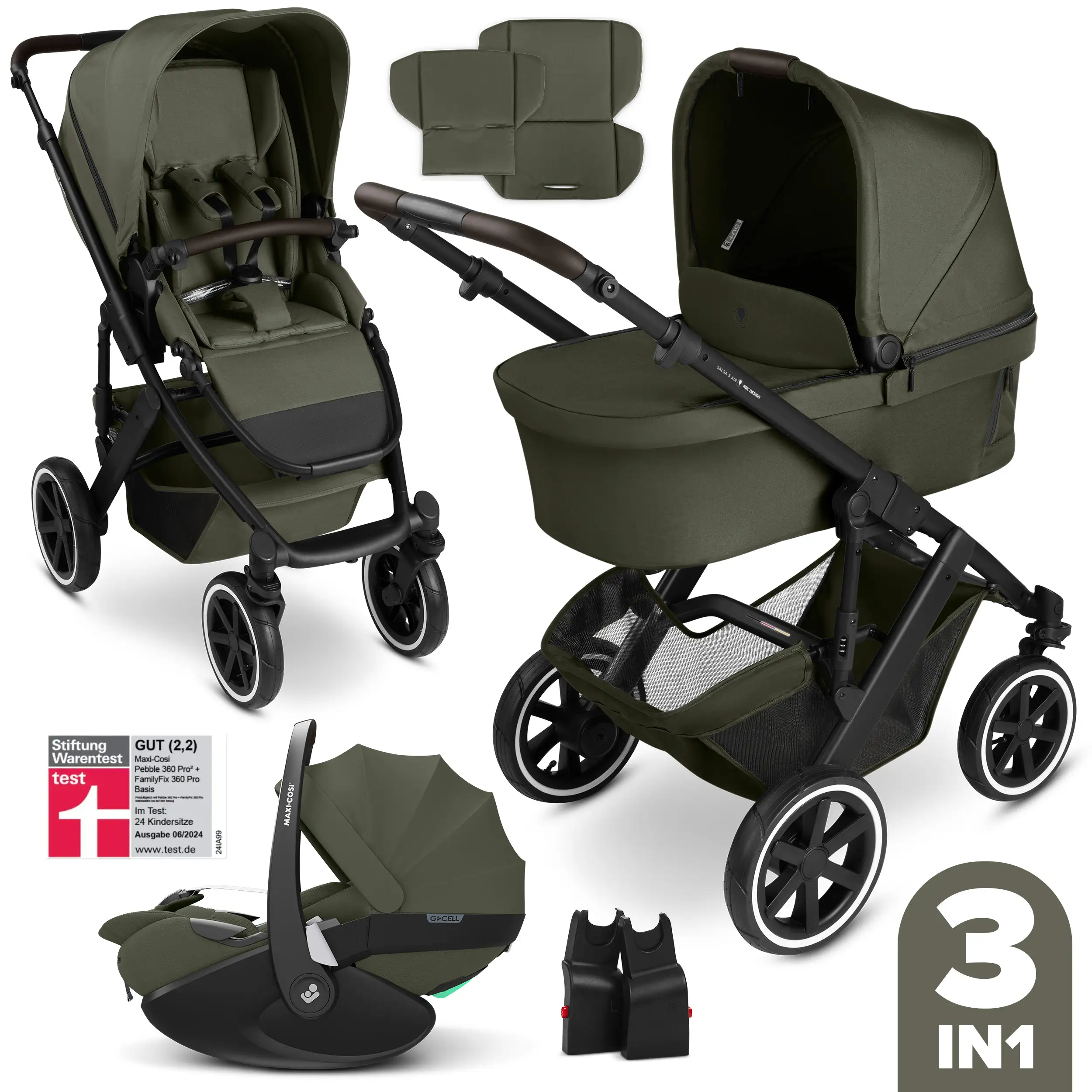 Set passeggino 3in1 Salsa 5 Air incl. Seggiolino per auto Maxi Cosi Pebble 360 Pro 2 - Avocado