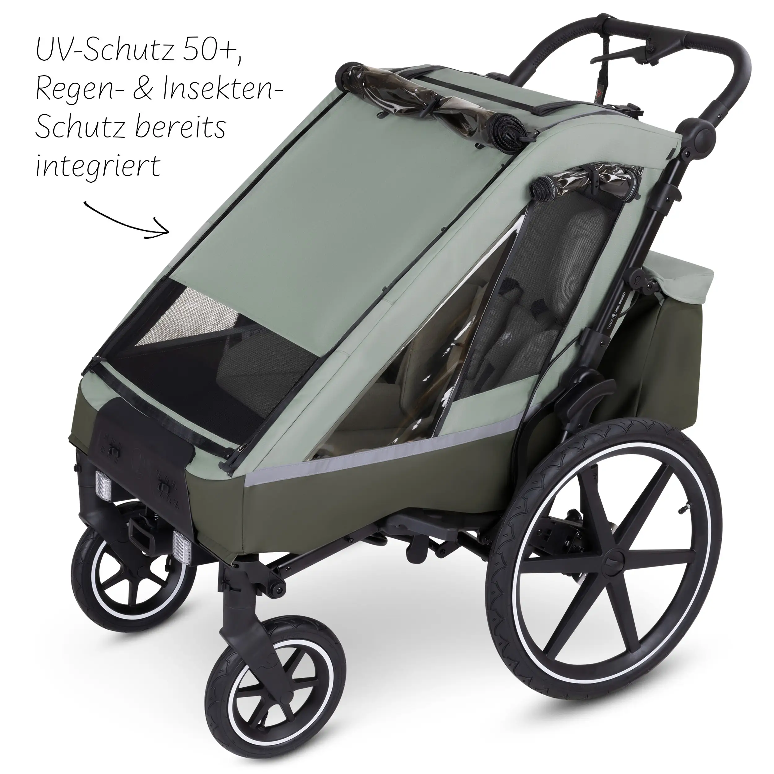 Rimorchio per biciclette Tour 2 con 2 comodi sedili e Ruote con camera d’aria - Olive