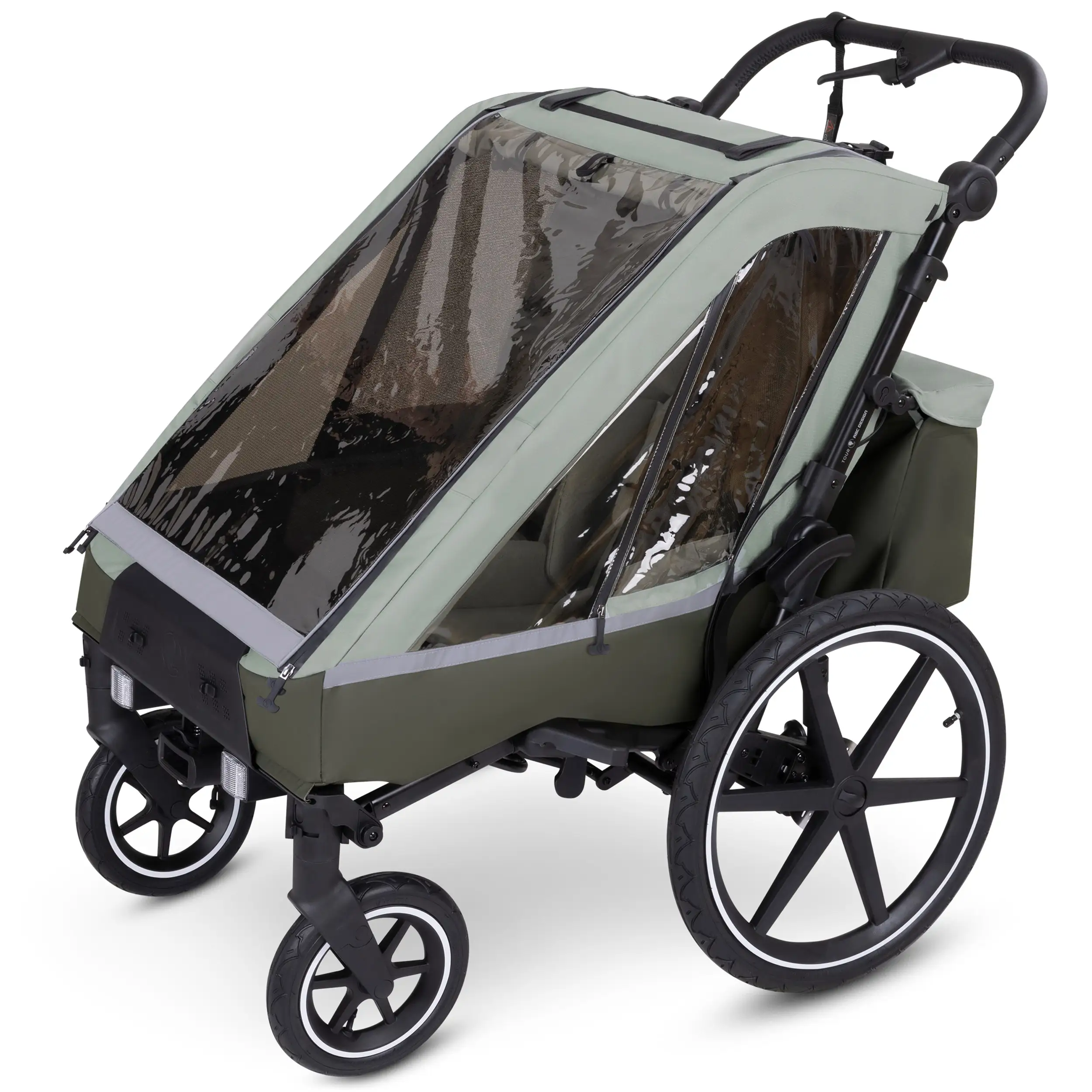 Rimorchio per biciclette Tour 2 con 2 comodi sedili e Ruote con camera d’aria - Olive